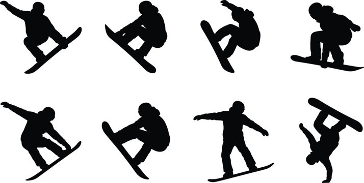 Snowboarder Silhouette Collection with Freestyle Aerial Tricks and Winter Sports Vector Set