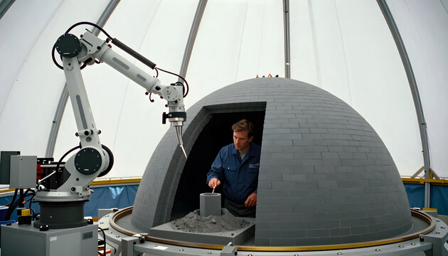 An engineer in a white flight suit stands in a sterile biodome, observing a robotic arm printing a large, hexagonal dome section from rust-red regolit