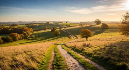 Obraz premium A serene rural landscape with a winding dirt road through rolling hills