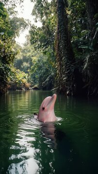 Pink Amazon River Dolphin surfacing in lush green jungle river, showing joy and curiosity, surrounding by vibrant tropical foliage, symbolizing rare wildlife and natural