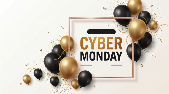 Cyber Monday Sale Banner with Black and Gold Balloons, Square Frame, Luxury Discount Promotion Template with Copy Space