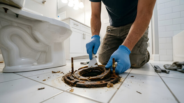 Professional plumber wearing blue nitrile gloves scraping old wax ring from a rusty toilet flange during a home renovation or bathroom repair project to fix a leak and ensure a proper seal.