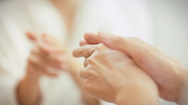 A woman in a crisp white robe gently massages moisturizer into her hands in a bright bathroom, nourishing her skin with careful strokes, exemplifying a vital part of a daily skin care routine