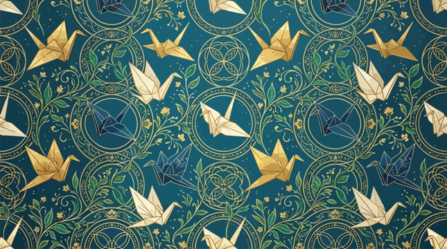 Golden cranes fly amidst green vines and blue circles on a patterned media file on 2026-06-30