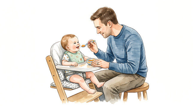 A father lovingly feeds his baby with a spoon while sitting on a wooden stool in this gentle watercolor style illustration about nurturing