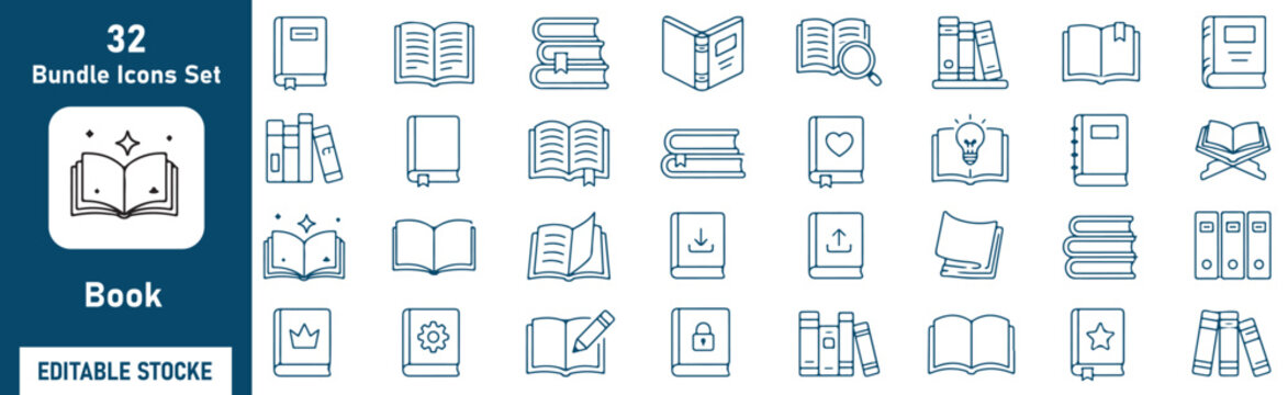 Book Vector Outline Icons Set &ndash; Library, Reading, Education, Digital Books and Literature Line Symbols Collection