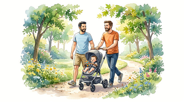 Two happy fathers walking with their baby in a stroller through a sunny park path in a beautiful watercolor illustration showing love