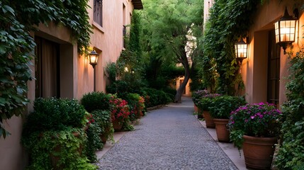Fototapeta premium A quiet European alleyway featuring vibrant potted flowers and ivy climbing the historic stone walls under warm lanterns