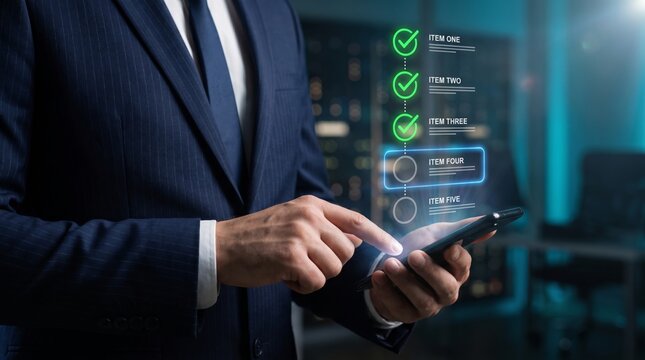Focused executive efficiently managing business tasks and optimizing workflow using a modern smartphone application with an interactive digital checklist for enhanced productivity
