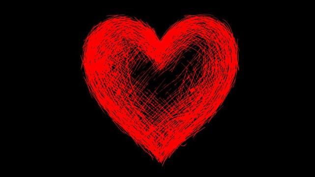Hand drawn red heart animation with line boil effect. Isolated symbol with alpha channel transparent background for overlay. Continuous line scribble sketch looping element for romantic wedding video 