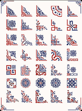 Vintage Red and Blue Ornamental Corner Border Set with Traditional Floral Decorative Frames for Elegant Design Layouts
