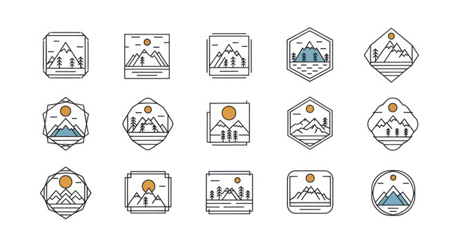 Collection of Minimalist Mountain and Nature Landscape Badges and Emblems.