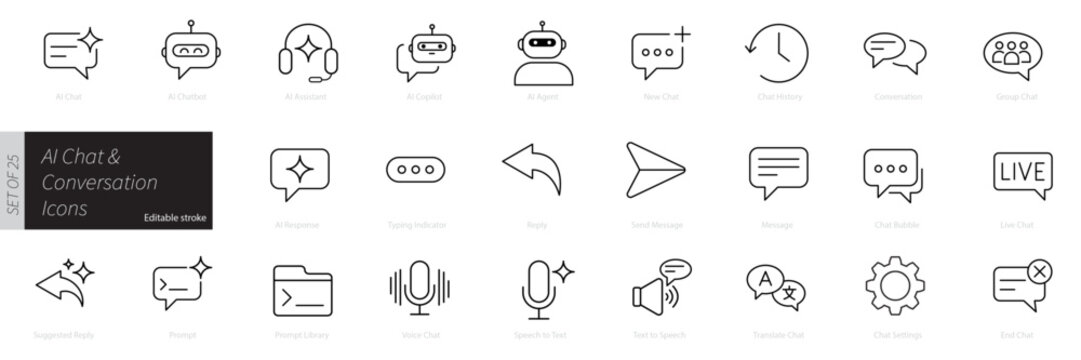 AI Chat and Conversation Line Icons Set. Modern Artificial Intelligence Chatbot, Virtual Assistant, Messaging and Communication Outline Vector Collection