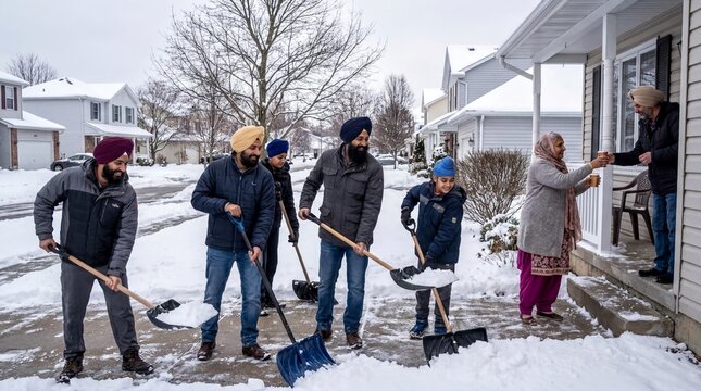 community service activities, a sikh family in turbans shoveling snow together to help their neighbor