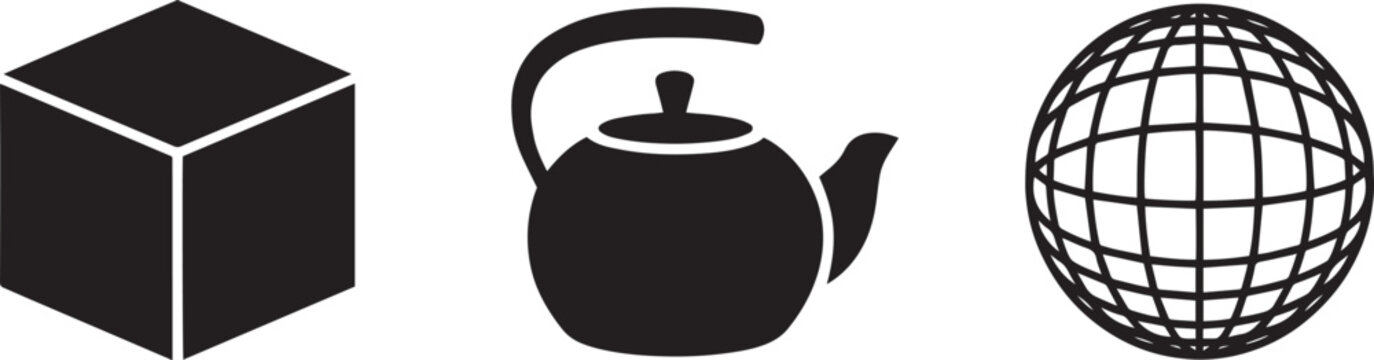 Cube and kettle with global grid icon illustrate basic shapes and concepts for design projects.