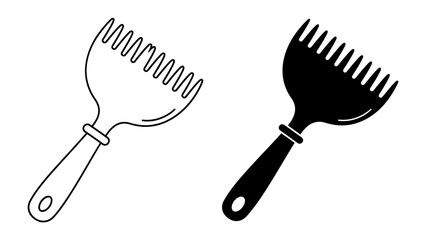 Line Art and Silhouette of a Brush/Comb: Two depictions of a hand-held grooming tool, one as a clean outline and the other as a solid black silhouette. © abidakhatun