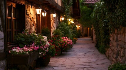 Obraz premium A picturesque European alleyway featuring potted flowers lush ivy covered walls and warm lanterns creating a charming atmosphere