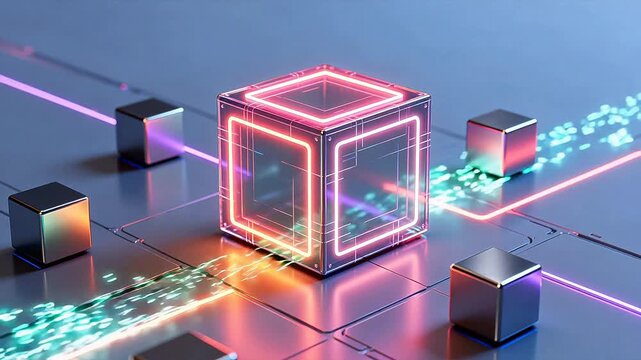 Neon cube on reflective surface