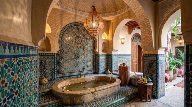 Opulent traditional bathroom with intricate colorful zellige tiles and a carved stone bathtub under ornate lantern lighting