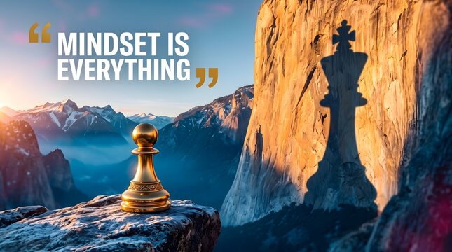 Mindset is Everything Concept Showing Golden Chess Pawn on Mountain Peak Casting King Shadow on Cliff Symbolizing Leadership Ambition Hidden Potential Overcoming Challenges and Strategic Success