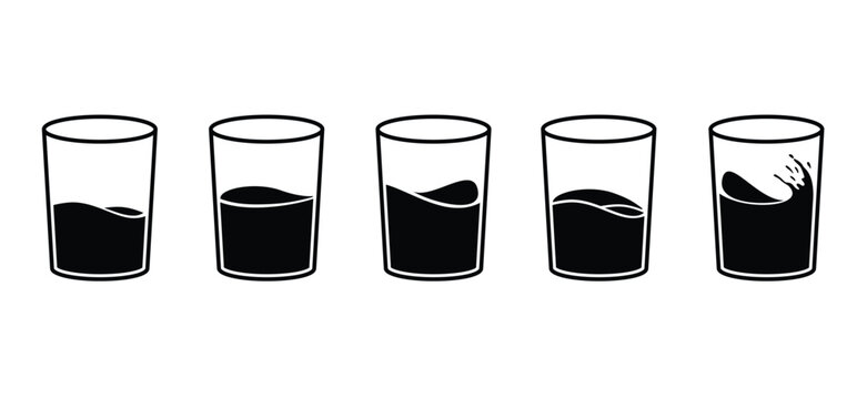 Water glass, drinking glass. Glasses water cup or glass of water. Empty glasses. For clean water drink. Summer drank. Line pattern. Full and empty cup.