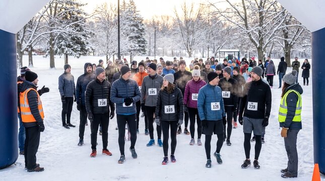 community fitness event, a vibrant winter charity run begins with runners in thermal gear, amid snow