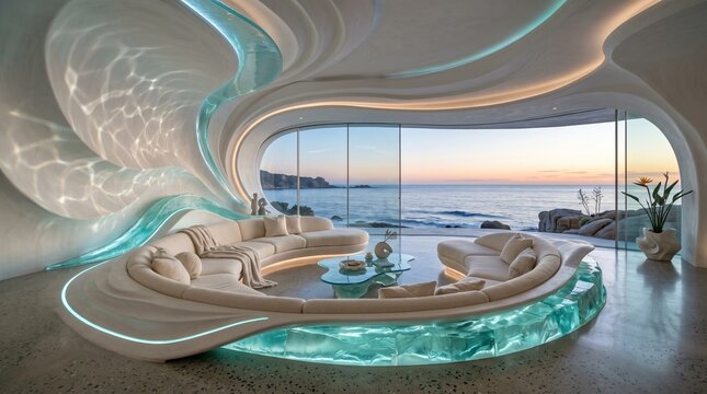 Futuristic living room interior with organic fluid parametric architecture and curved white sofa overlooking ocean sunset