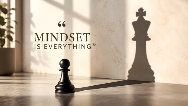 Mindset is Everything Concept Showing Chess Pawn with King Shadow on Wall in Natural Light Representing Growth Mindset Business Leadership Hidden Potential Self Belief and Motivation for Success