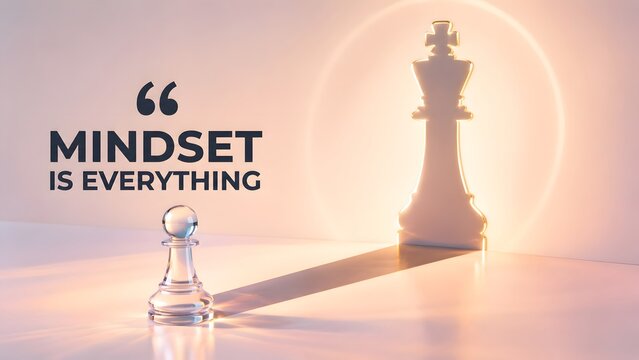Mindset is Everything Motivation with Glass Chess Pawn Casting King Shadow in Warm Glowing Light Representing Business Leadership Hidden Potential Personal Growth Strategy and Future Achievements