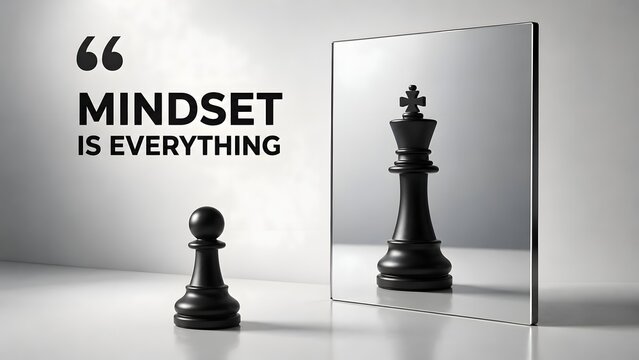 Mindset is Everything Concept Showing Chess Pawn Looking in Mirror Reflecting King Representing Self Belief Hidden Potential Business Strategy Leadership Growth and Motivation for Future Success