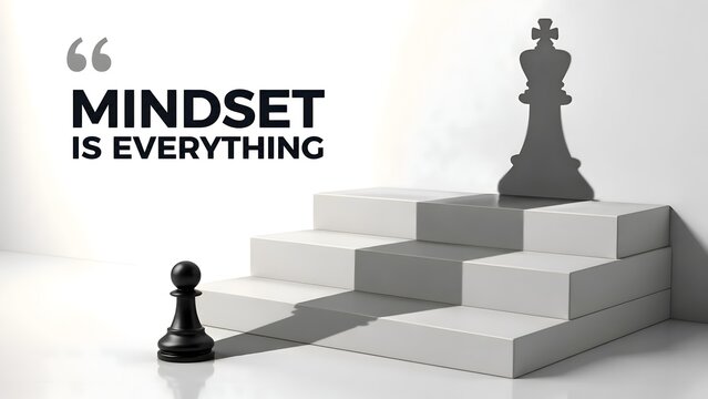 Mindset is Everything Concept with Chess Pawn Casting King Shadow on White Stairs Representing Business Strategy Leadership Growth Motivation Potential and Success in Corporate Self Development