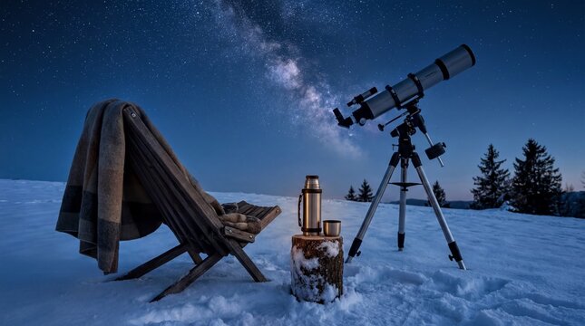 astronomy outdoors, a cozy winter stargazing setup on a snowy hill under the milky way