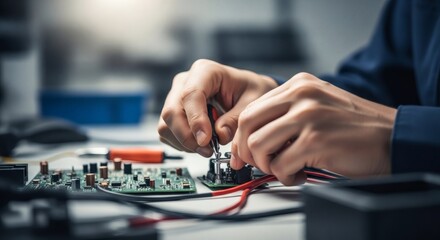 Fototapeta premium Professional Electronics Engineer Repairing Circuit Board in Modern Technology Laboratory Close Up
