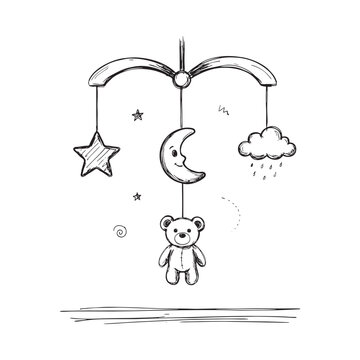 Baby mobile with teddy bear crescent moon and stars hand drawn sketch style