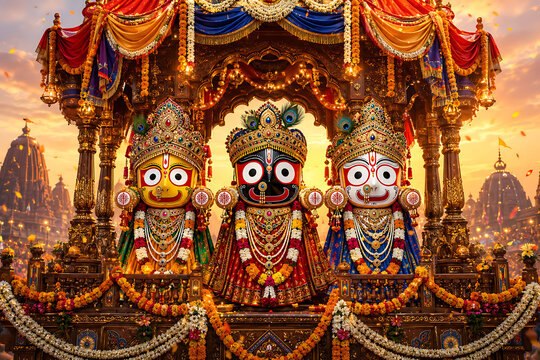 Jagannath rath yatra three sacred idols on royal chariot during rath yatra festival with garlands crowns lamps and sunset temples golden devotional glow