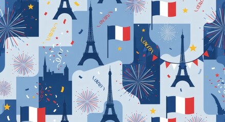 Seamless France Pattern with Eiffel Tower, Flags and Fireworks for Bastille Day Celebration