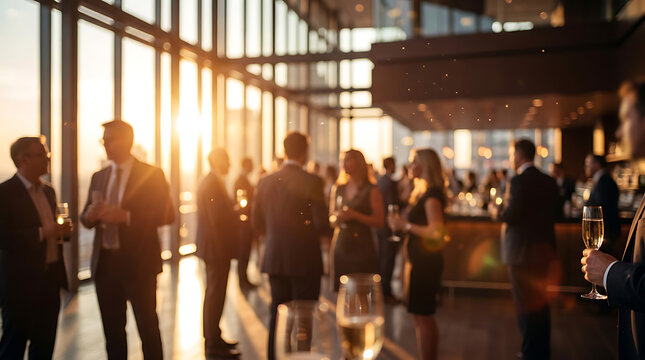Elegant business networking event with people in formal attire mingling and enjoying drinks at sunset in a modern skyscraper.