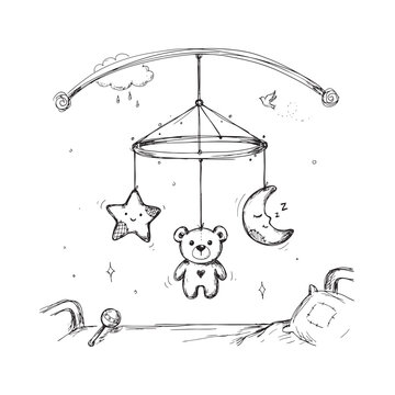 Baby mobile with star moon and teddy bear sketch on white background