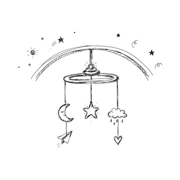 Baby mobile with crescent moon star and paper airplane sketch on white background