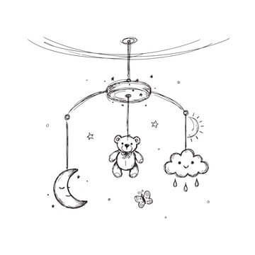 Baby mobile with crescent moon teddy bear sun and cloud sketch on white background
