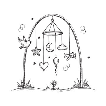 Sketch of a baby mobile with stars moon heart and bird ornaments