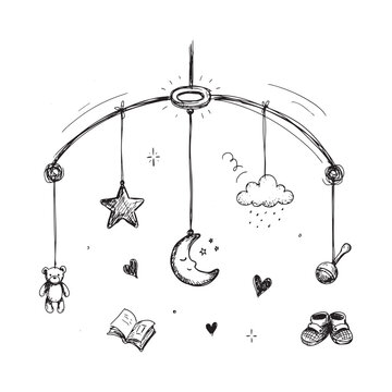 Baby mobile with star moon and teddy bear sketch on white background