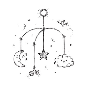 Baby mobile with crescent moon star airplane and cloud sketch on white background