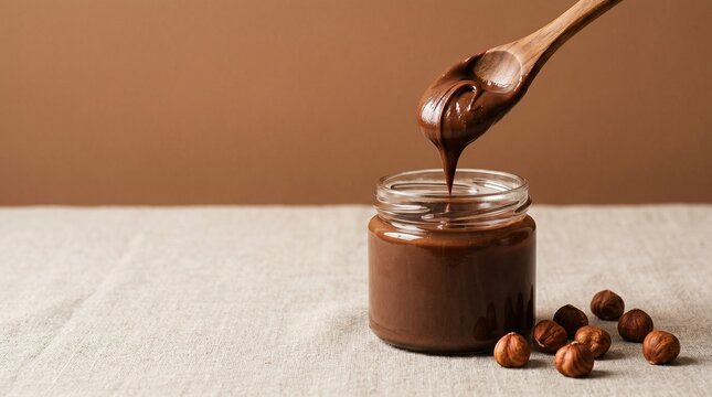 Fresh chocolate hazelnut spread being scooped by wooden spoon over glass jar filled with creamy nut butter and scattered roasted nuts on rustic linen background.