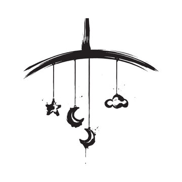 Black watercolor mobile with star moon and cloud shapes on white background