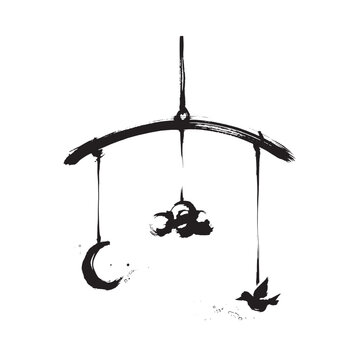 Mobile with crescent moon birds and clouds in watercolor style on white background