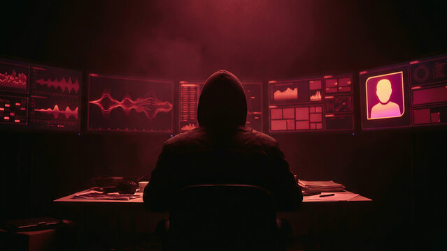 Radiant Red Command Center Facing Data Screens Toward Digital Security Vision Perfect for advertising and technology presentation