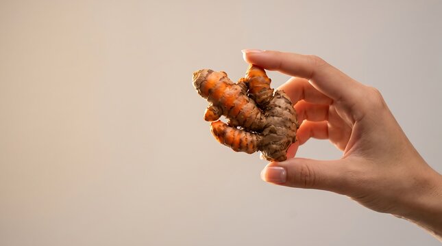 Hand Gripping Raw Indonesian Turmeric Root on Gradient Background