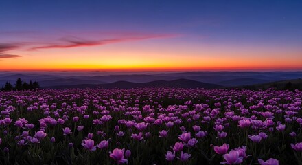Fototapeta premium Vibrant purple flowers at colorful sunset.