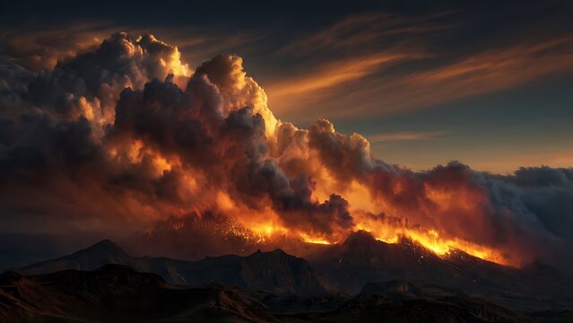 Dramatic Volcanic Eruption With Glowing Lava Clouds At Night.